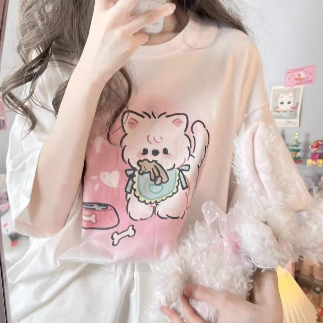 

Pulovers Top Japanese Puppy Print Short Sleeve Round Neck T-shirt Cute Girl Casual Kawaii Sweet Loose White Summer Tees