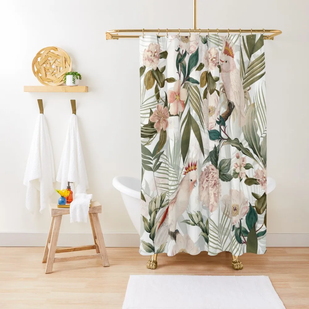 

Tropical cockatoo and jungle pattern - white Shower Curtain Curtains For Bathroom Shower Bathroom Deco