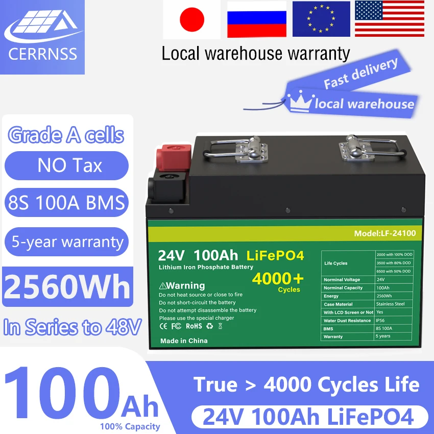 Nuova Batteria 24V 100Ah Lifepo4 Gtade A Cells Integrato 100A Bms 48V Litio Ferro Fosfato Impermeabile Per Auto Rv Off-Grid