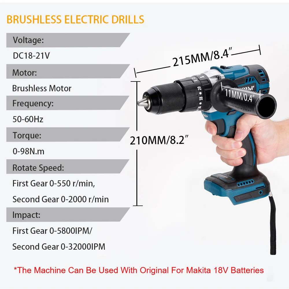 Cordless Electric Brushless Impact Drill 13mm Handle Screwdriver Drill No Battery Power Tool For Makita 18V Battery Compatible