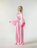 Long Feather Sleeve Bathrobe Sexy Ice Silk Kimono Wedding Bride Dress Women Loose Sleepwear Loungewear Casual Nightgown - Image 3