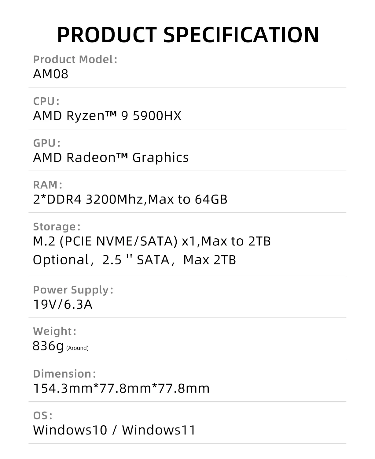 AM08 MINI PC AMD Ryzen 9 5900HX Windows 11 Pro DDR4 16GB 500GB