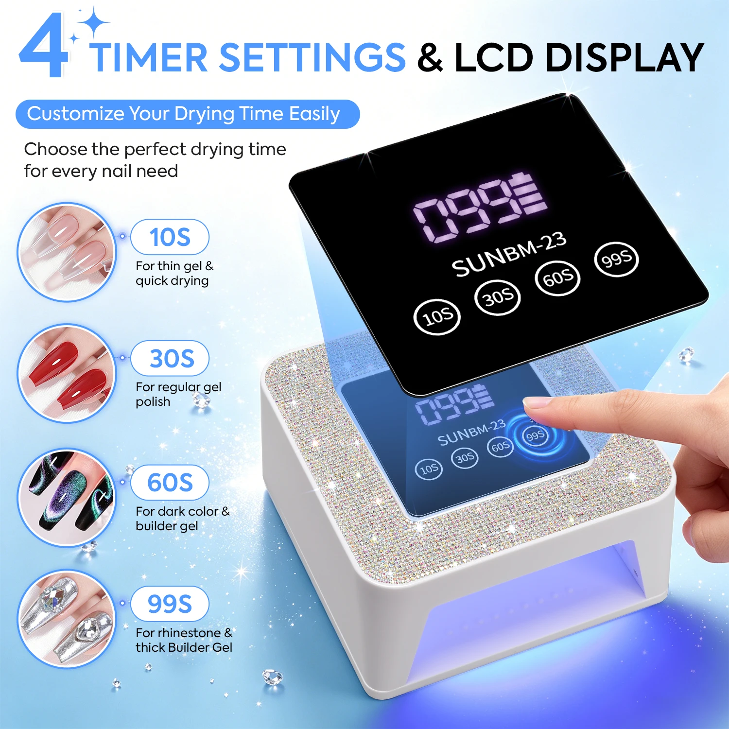 SUNBM-23 무선 UV LED 네일 램프 블링 라인스톤 커버 2000mAh 충전식 네일 드라이어 21개 듀얼 라이트 비즈 4개 타이머 자동
