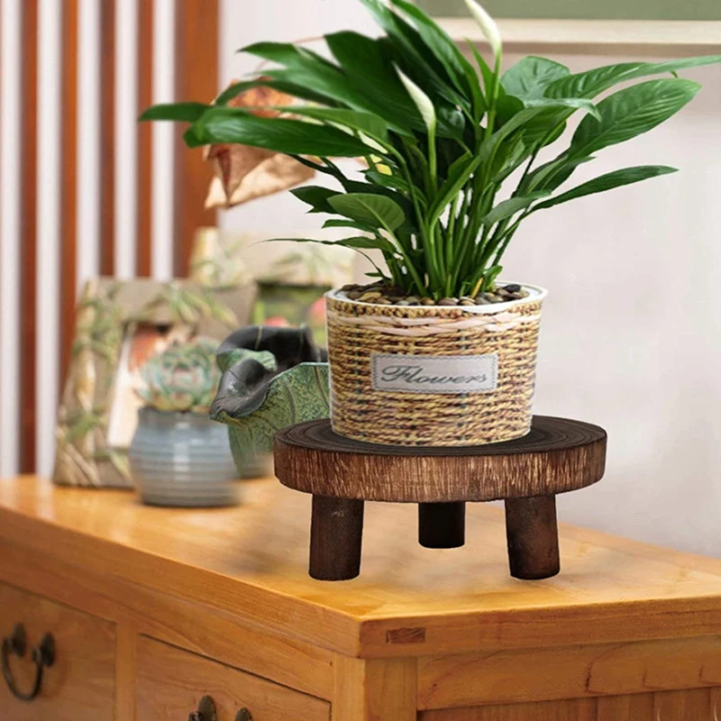 2Pcs Mini Wooden Stool Flower Display Stand, Potted Plant Shelf Bonsai Rack, Vintage Wood Grain Garden Plant Pot Stand