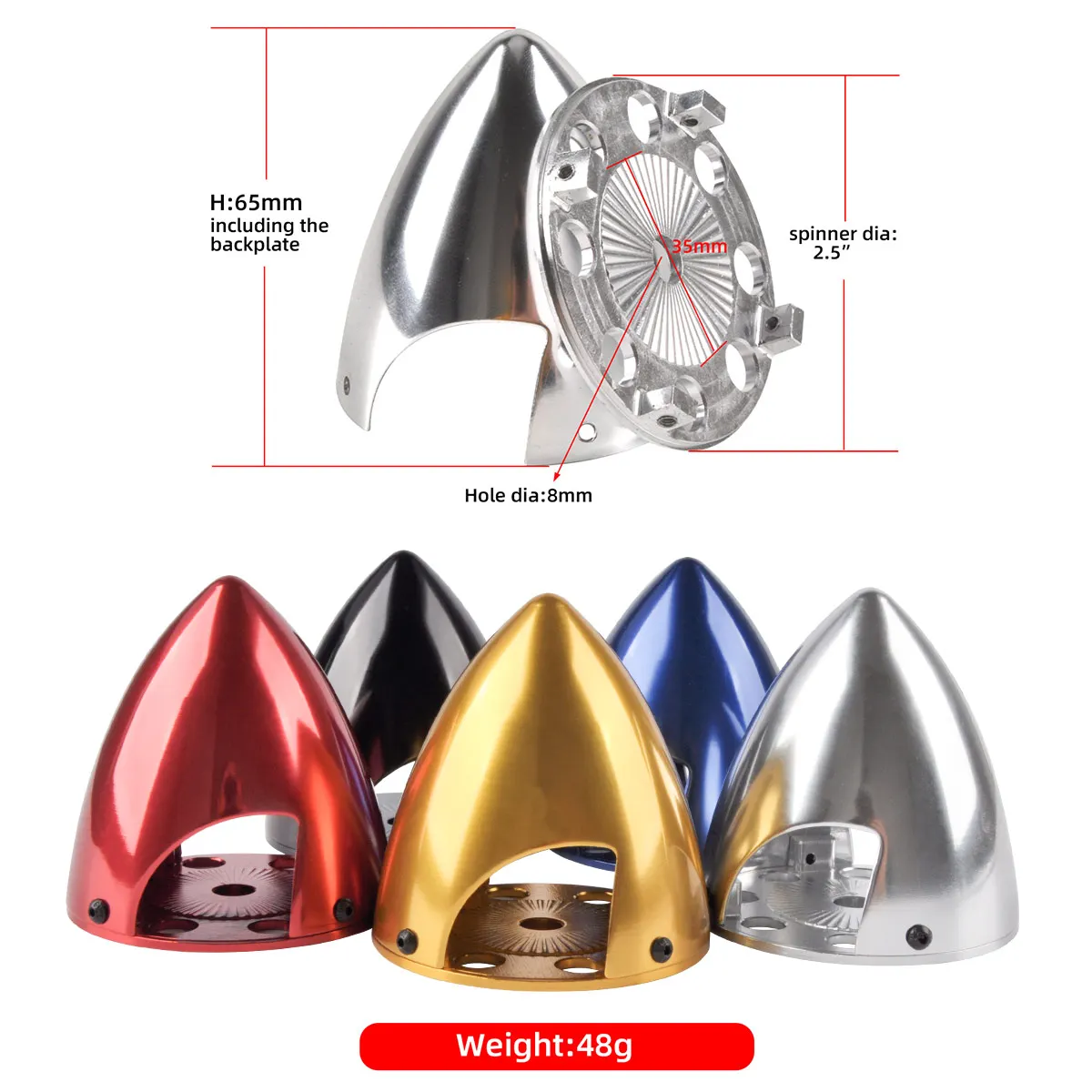 Spinner 2,5 pouces bleu pour avion RC, montré de côté sur fond blanc.