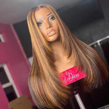Highlight 4/27 13x4 Lace Frontal Wigs Human Hair Pre Plucked Hairline With Baby Hair Bleached Knots 200% Straight Wig For Women 1