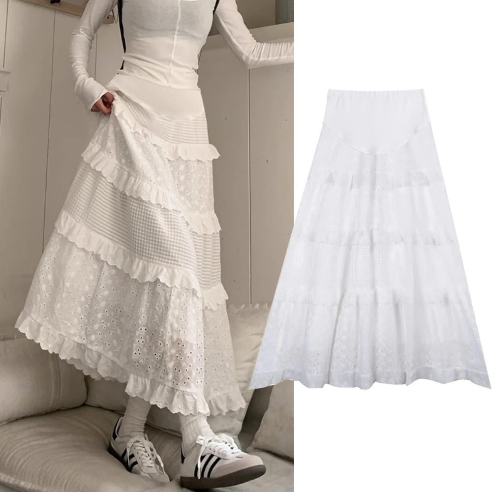 임산부 용수철 자수 레이스 케이크 스커트, A라인 롱 스커트, 가을 여름 신상