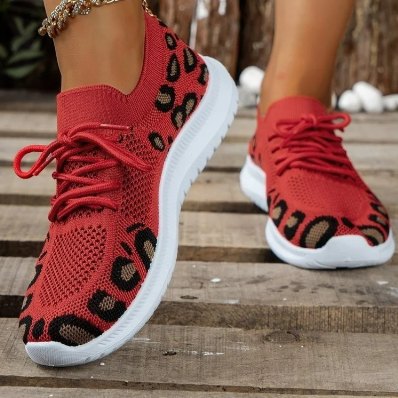 

Women's Leopard Tennis Sneakers Spring Autumn New Mesh Breathable Sport Shoes Ladies Walking Running Flats Zapatos De Mujer