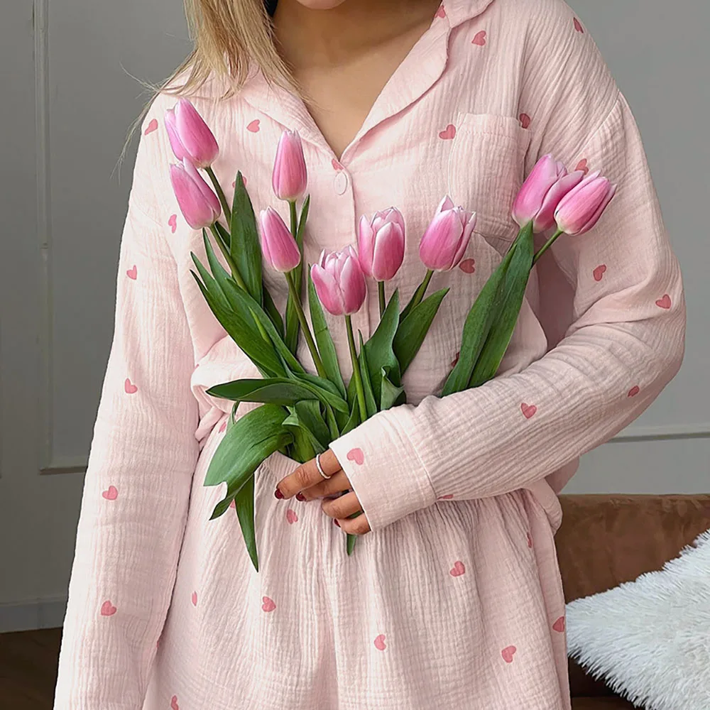 2024 Spring Fashion Love Print Women's Pajamas 2Pcs Set Casual Soft Home Wear Cardigan Long Sleeved Shorts Ladies Loungewear
