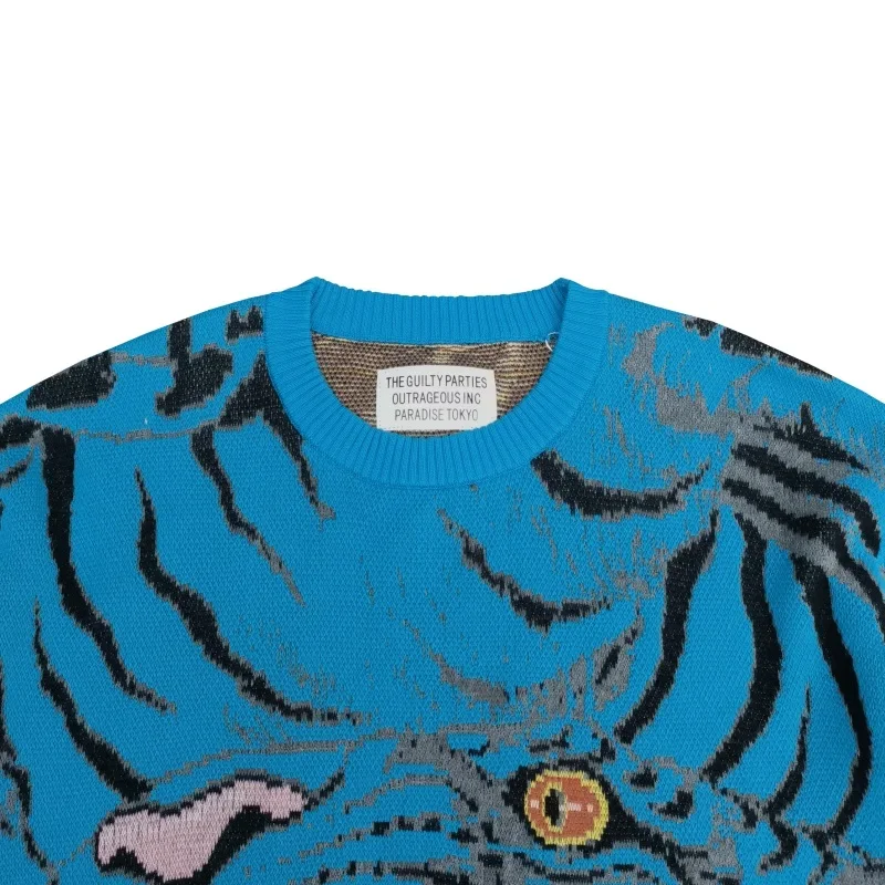 White Khaki Blue WACKO MARIA Sweatshirts Men Woman 1:1 High Street Round Neck Knit Sweater Tiger Jacquard 2024fw New