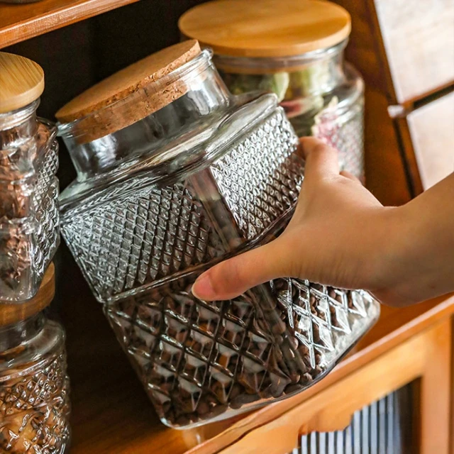 Bocal de rangement en verre avec couvercle hermétique en bois de bambou,  boîtes de cuisine pour thé, grains de café, sucre, bo[1370]