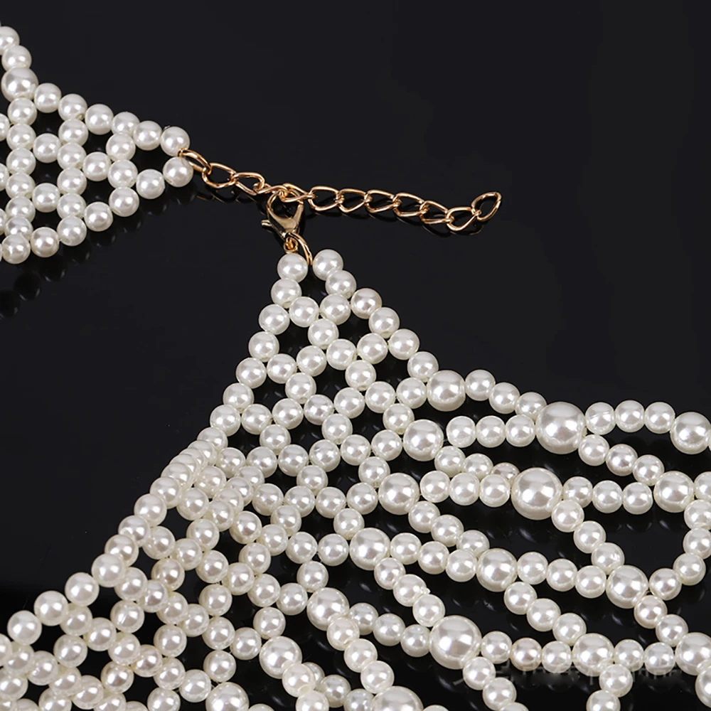 Elegant Pearl Shawl Necklace for Women Retro Fashion Hand Beaded body Jewelry Sweater Chain Wedding Dress Clothing Accessories
