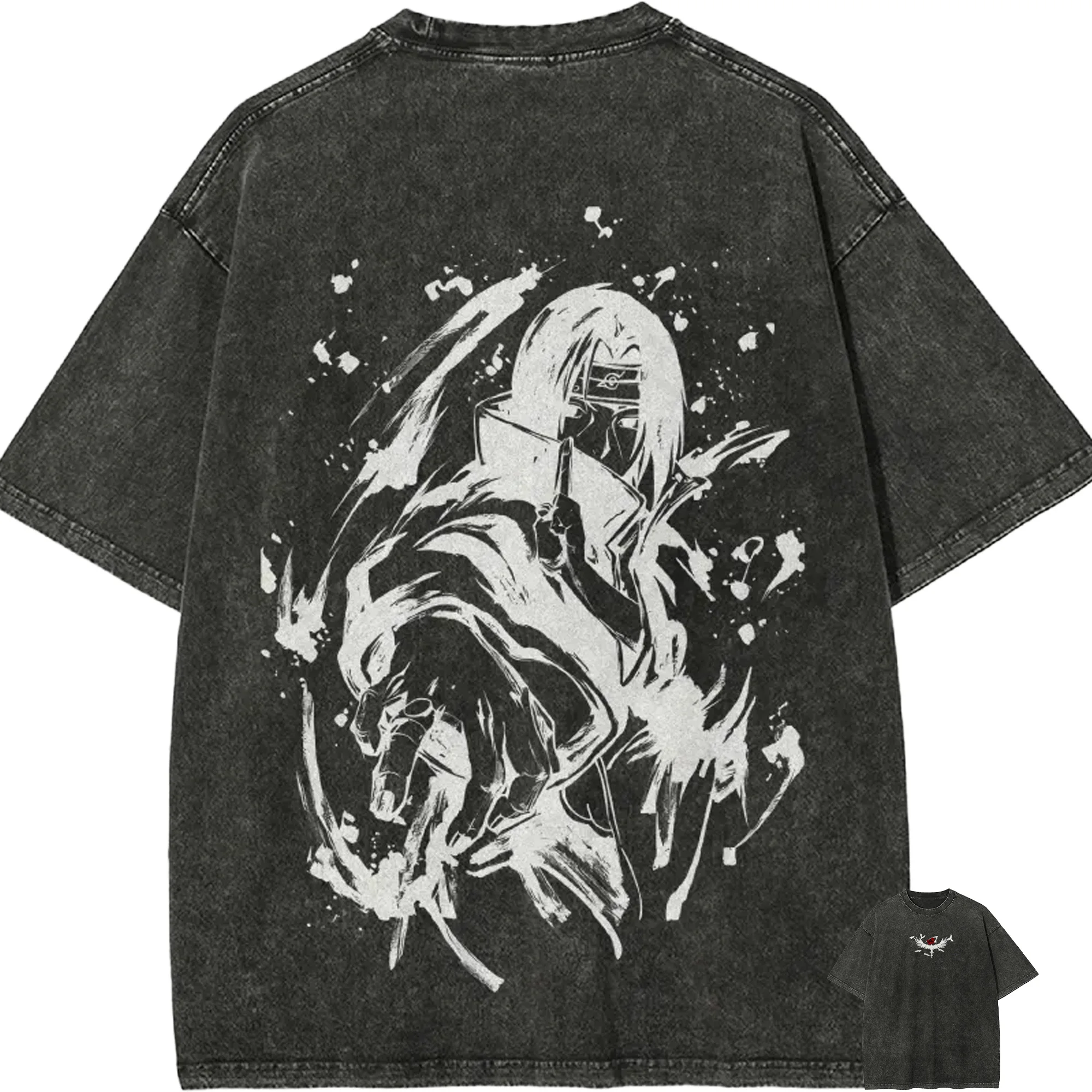 Vintage Ink Splash Naruto Itachi Uchiha Oversized Graphic T-Shirt