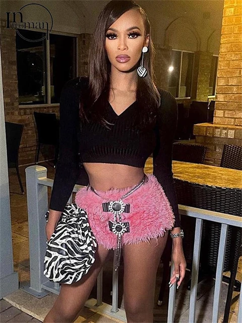 Inwoman-Conjunto de pantalones cortos peludos para mujer, corto de cintura baja fiesta, moda