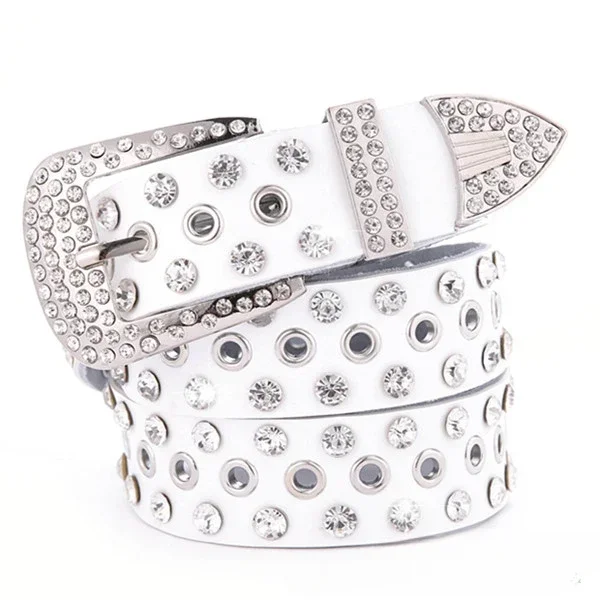 Leather Belts Black and White Color Leather Rhinestone Western Belt for Cow Boy and Cow Girl