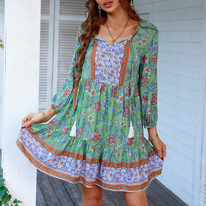 

Women Bohemian Mini Dress V Neck Front Button Tassel Fringe Straps Floral Print Boho Style Dresses Female Summer Holiday Outfits