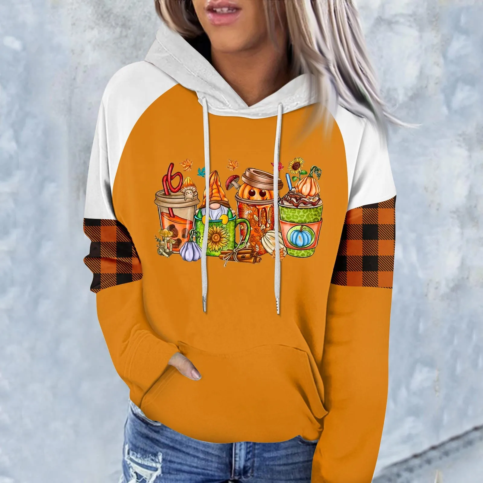 

Свитшот кофейный для женщин, винтажные худи на День Благодарения, Пуловеры С Тыквой и специями, женская уличная одежда в клетку в стиле пэчворк, осень