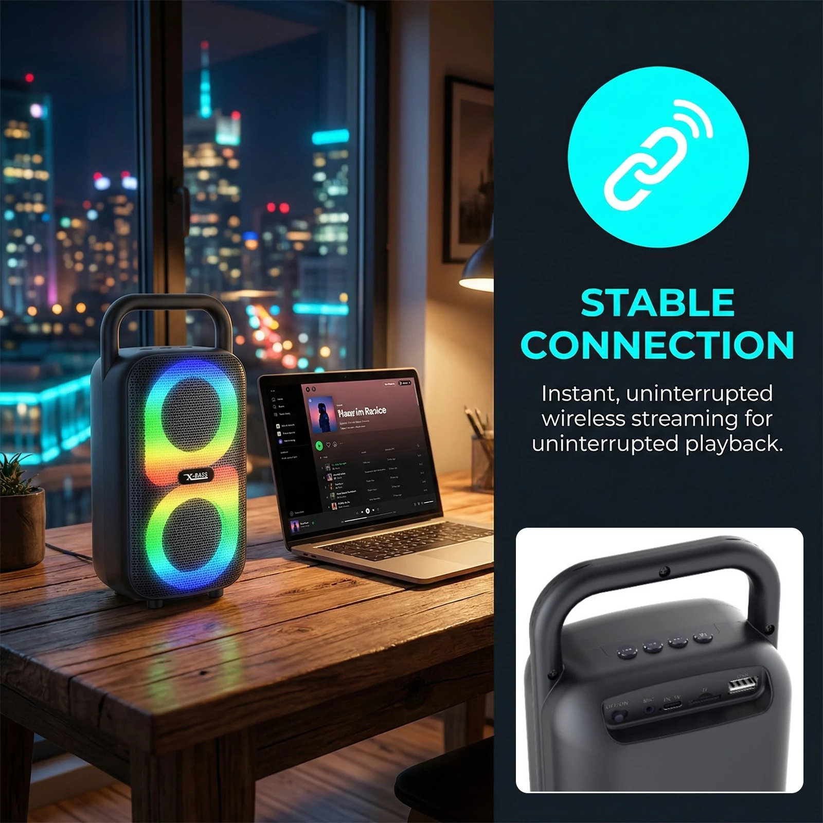 BT Speaker Portable Handle TWS Pairing Loud Stereo Sound Wireless Big Speakers with Subwoofer for Party Outdoor