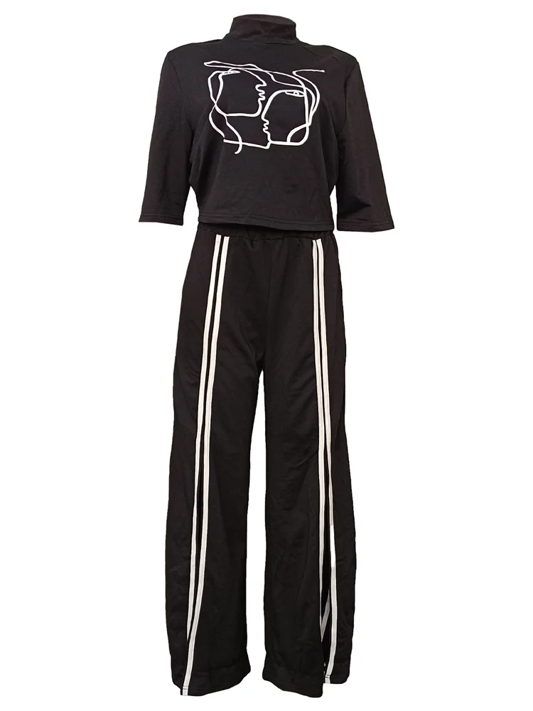 Wmstar Two Piece Sets Women Fashion Half Sleeve Tops Elastic Waist Wide Leg Strip Long Pants Outfits Wholesale Dropshipping