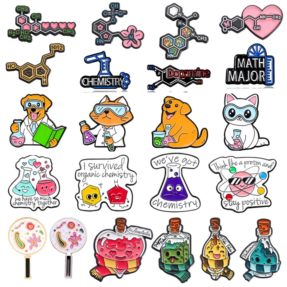 창의적 과학 브로치 화학 무지개 테스트 튜브, DNA 현미경 분자 포뮬러 고양이 개 의사 배지, 펑크 라펠 핀 쥬얼리