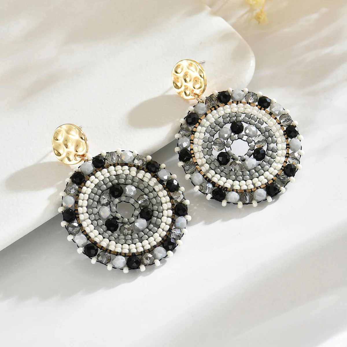 Bohemain Colorful Round Crystal Beads Drop Earrings for Women Ladies Handmade Geometric Metal Earrings Summer Party Jewelry Gift