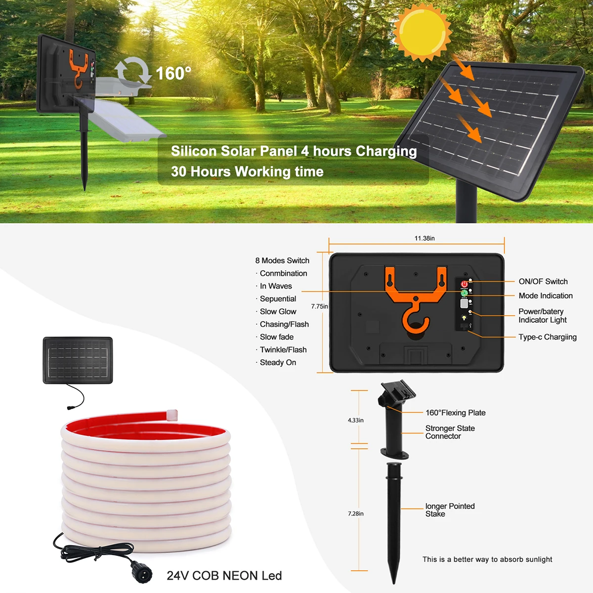 High-Density 24V Solar COB Neon Light Strip - Waterproof Flexible Warm White/Color Options, 320 LEDs/m