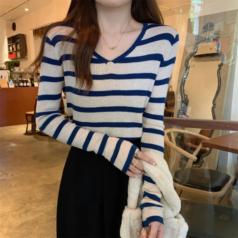 Women Trendy Casual Striped Chic Y2K All Match Basic Knitwear Autumn Korean Female Simple V Neck Long Sleeve Slim Pullover Tops