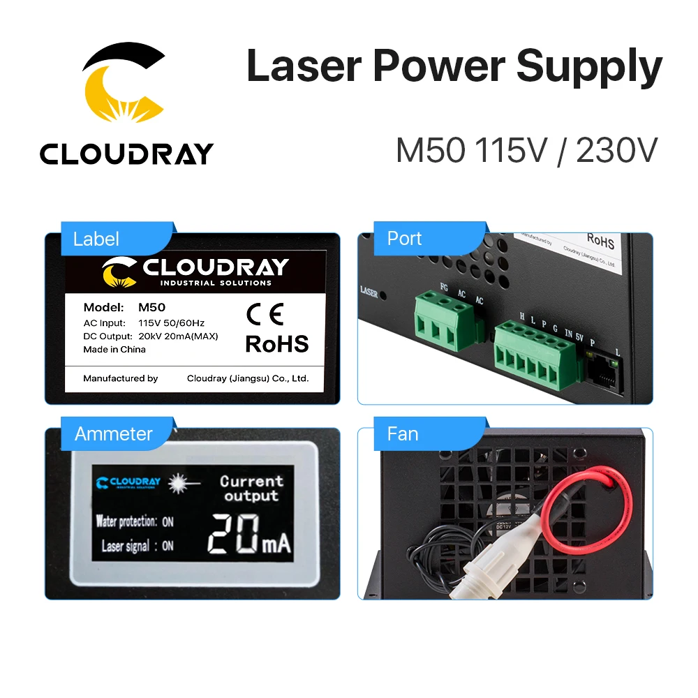 Cloudray-fuente de alimentación láser de CO2 para máquina de marcado láser CO2, 50W, categoría M50, máquina cortadora de grabado