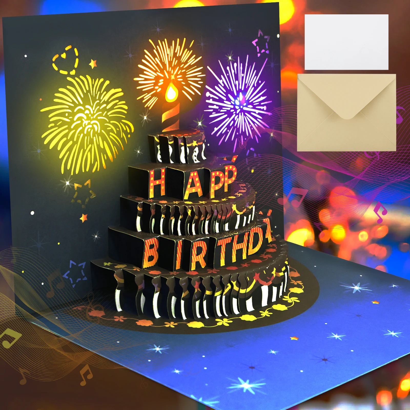 3D Light Music Birthday Card Pop Up Happy Birthday Card Fireworks Greeting Cards Happy Party Gift Message