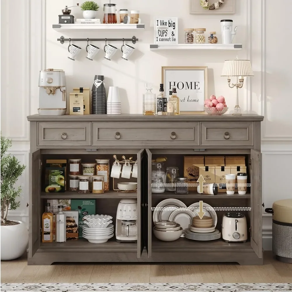 Buffet Cabinet with Storage, 55.1" Large Sideboard Buffet Cabinet, White Kitchen Cabinet with 3 Drawers and 4 Doors