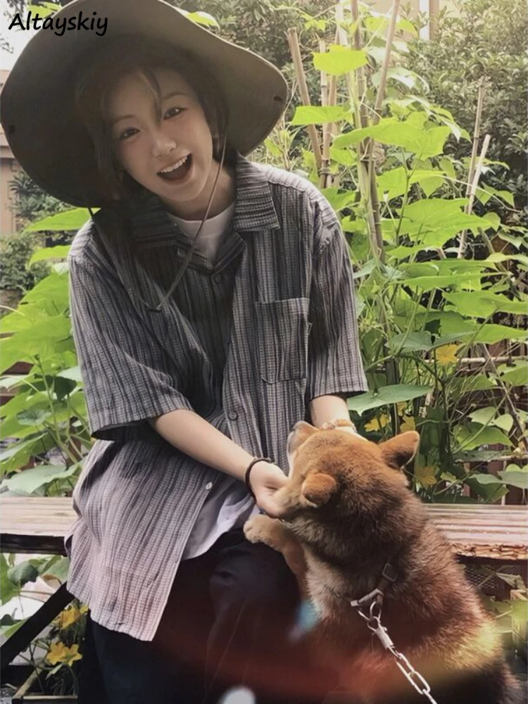 

Notched Shirts Women Striped Short-sleeve Loose Vintage Cool Teens Casual Unisex Streetwear Retro Japan Summer Thin Camisas BF