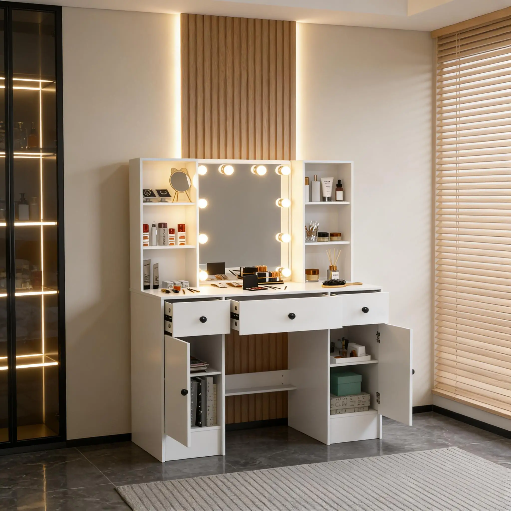 Teousev Modern LED Vanity Makeup Set, 3 Color Dimmable Mirror & Stool, 3 Drawers Storage Dresser Desk for Women Bedroom