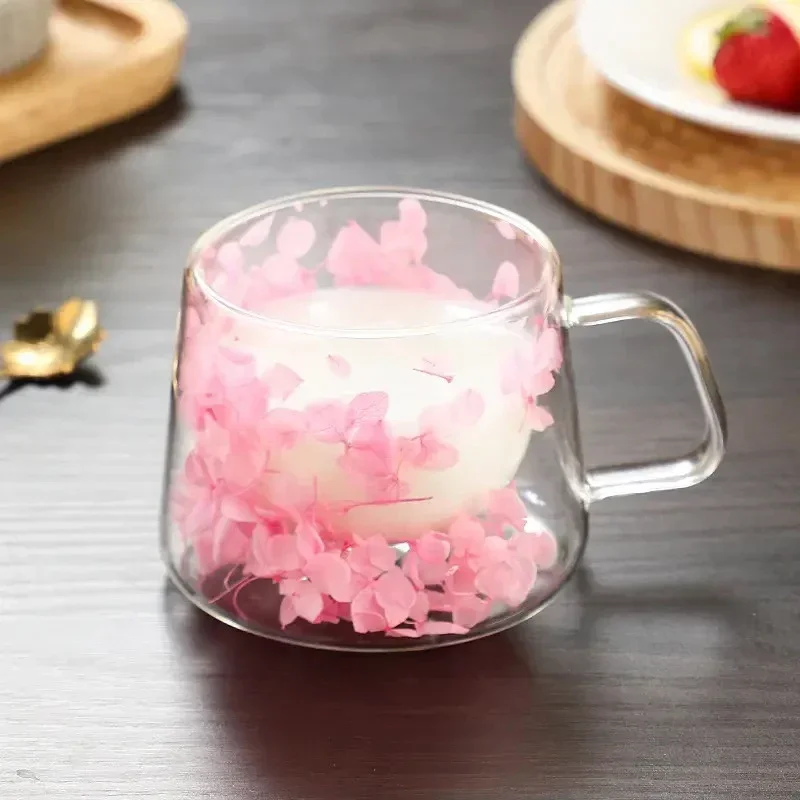 200ml Double Wall Clear Coffee Mug with Handles Glass Milk Cups Simulation Flower Teacup Elegant Gift Drinkware