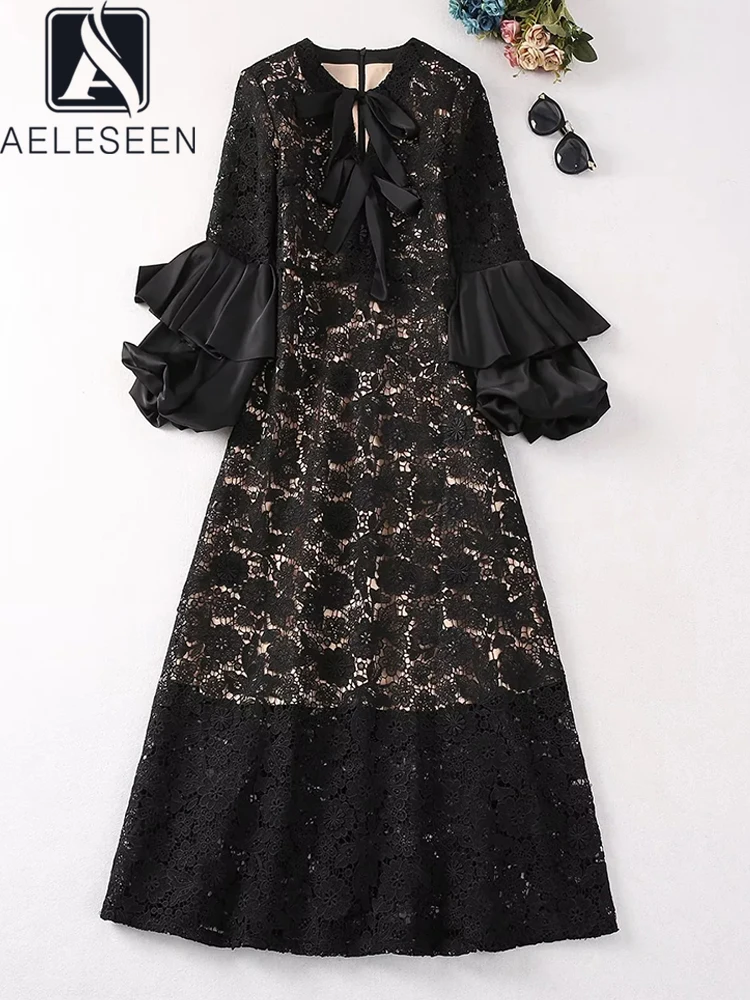

AELESEEN Designer Fashion Long Dress Women Spring Autumn Lantern Sleeve Flower Embroidery Bow Patchwork Elegant Party Holiday
