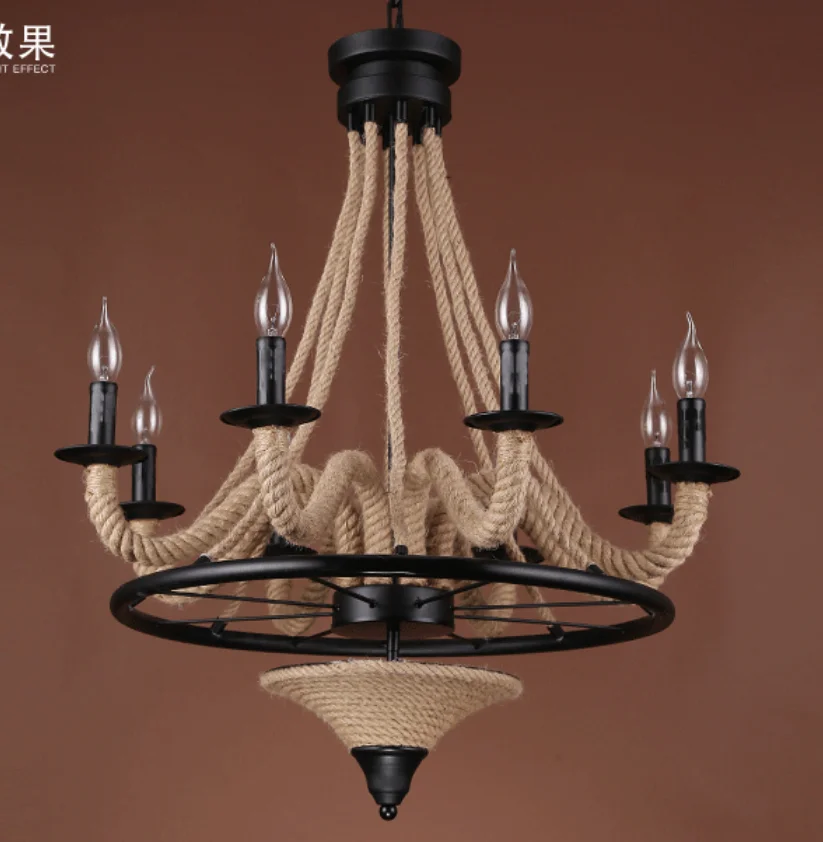 Vintage Hemp Rope Chandelier Lighting Fixture Living Room Hanging Lamps Retro American Industrial Light Home Decoration Room