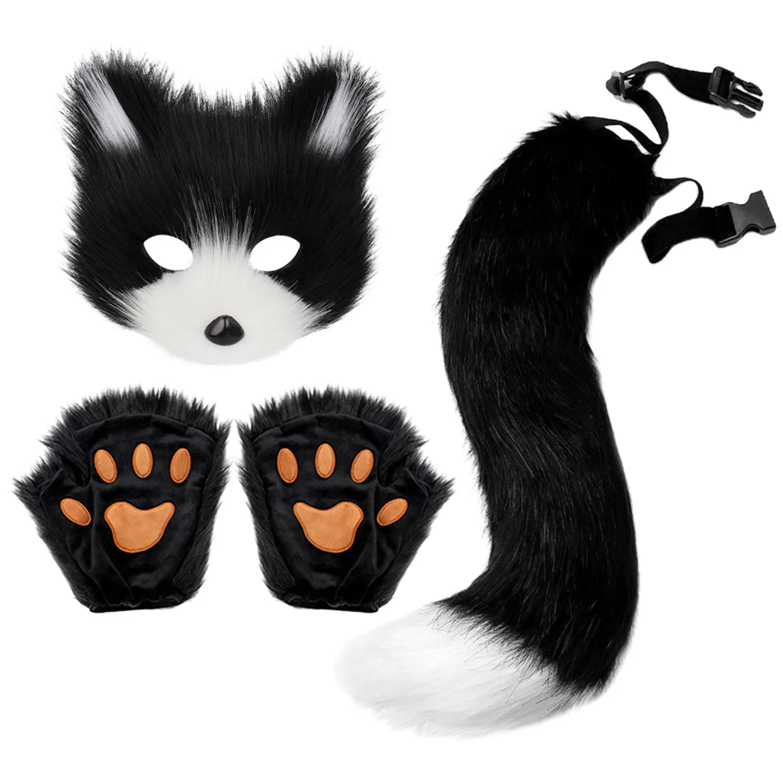 Cat Gloves Fluffy Fur Fox Tail Keychain Cat Paws Gloves And Wolf Therian Mask Set For Halloween Cosplay Costume Accessories Mask Sets