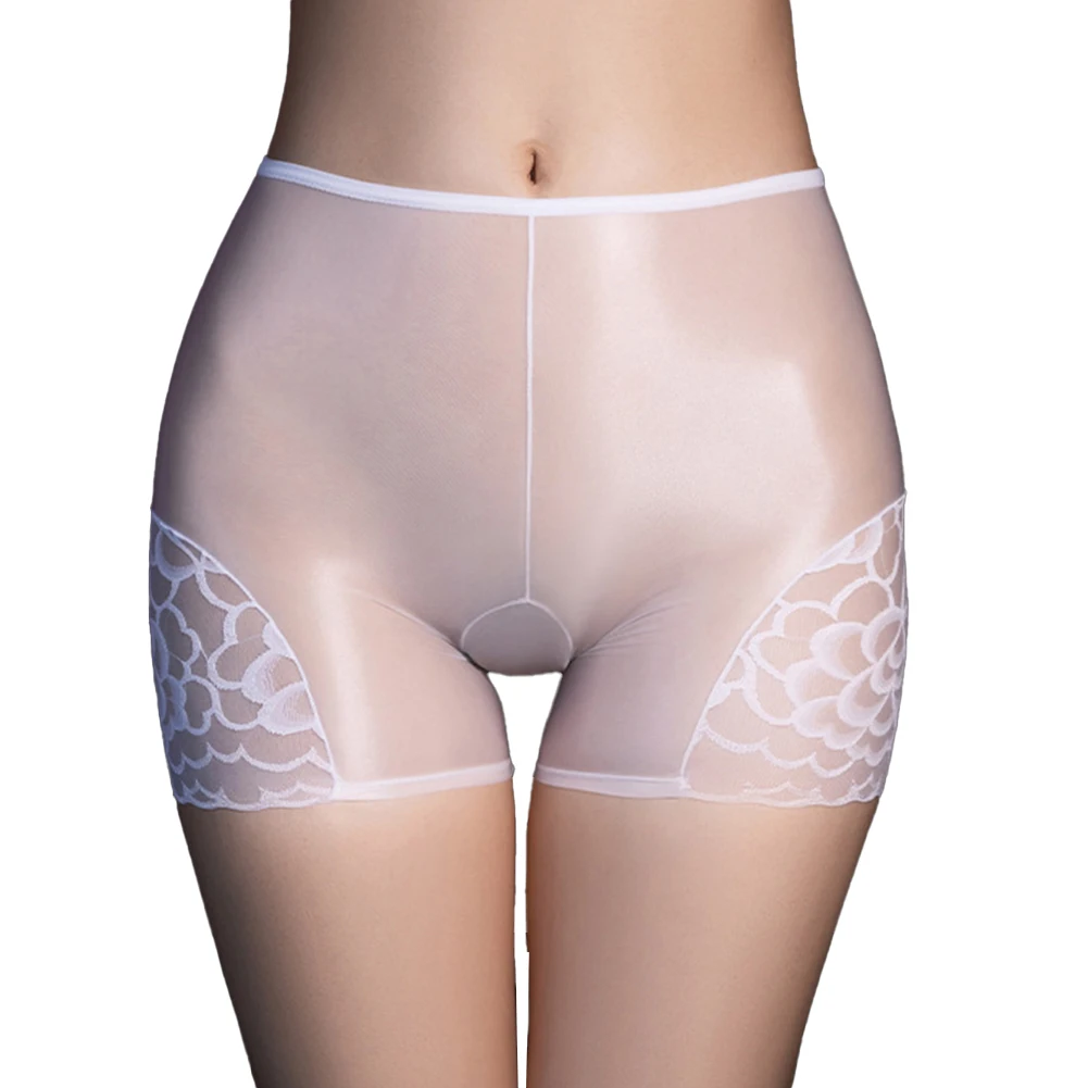 

Sexy Women's Oil Sheer Transparent Lace Flower Boxer Silky Smooth Safety Short Pants Female Underwear Panties Shorts