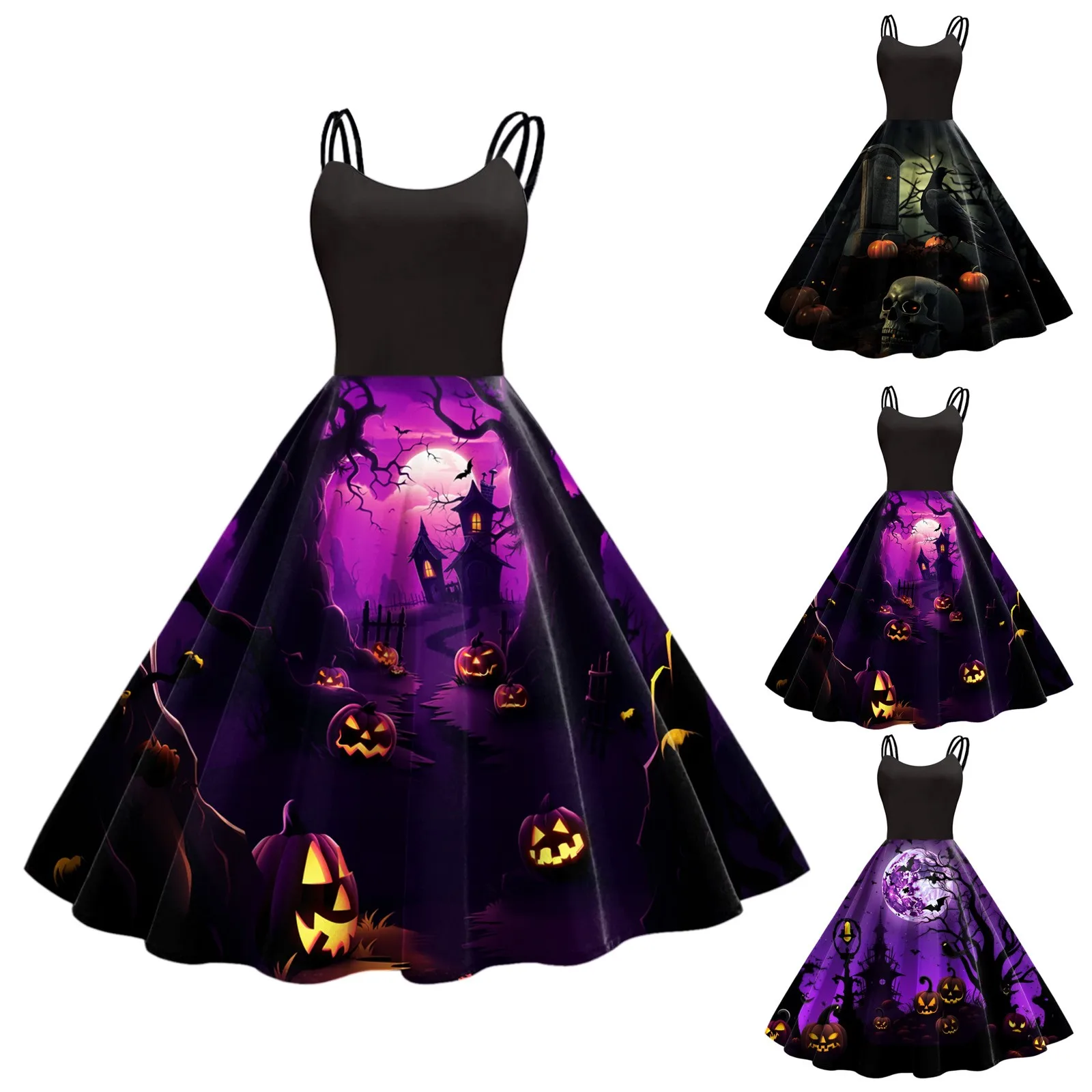 

Women Halloween Print Sleeveless 1950s Housewife Evening Party Prom Dress A Dress Women Halter Neck Dress