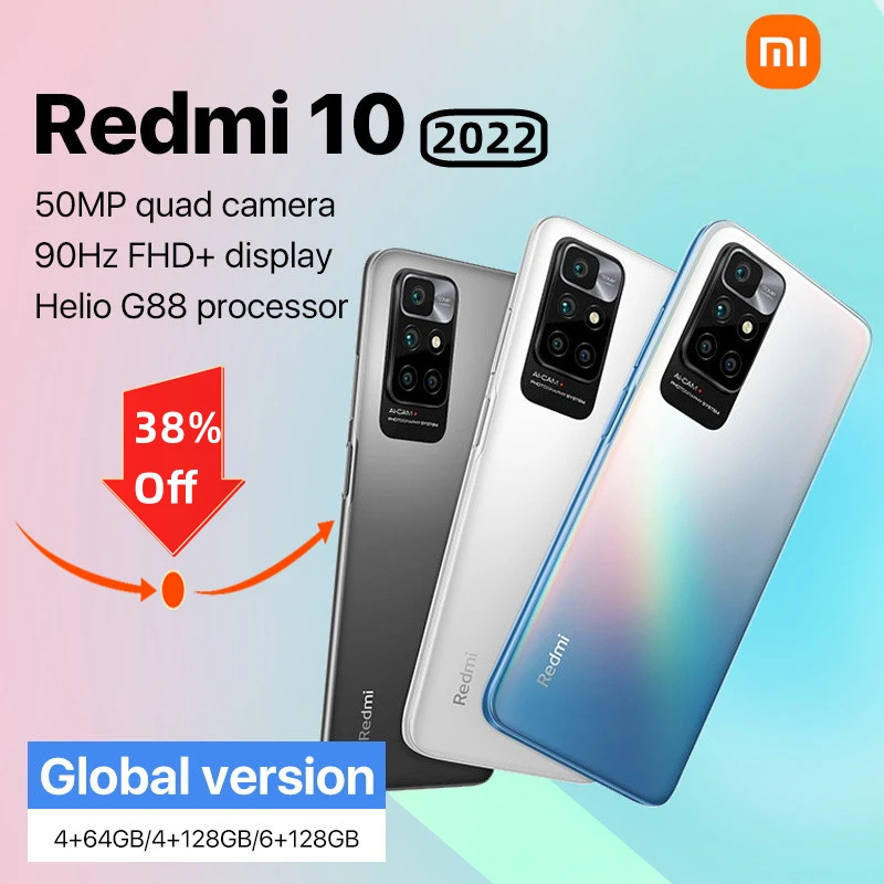 Xiaomi Redmi 10 2022 4GB 64GB/ 4GB 128GB MediaTek Helio G88 Octa Core 50MP AI Quad Camera 90Hz FHD Display Global Version 