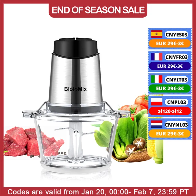 Biolomix Electric Food Processor Chopper Two Speeds 1.8L Glass Bowl Blender Meat Grinder For Babyfood Vegetables Onion Garlic