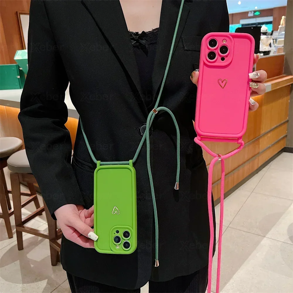 Elegant Love Heart Silicone Phone Case with Crossbody Necklace Strap