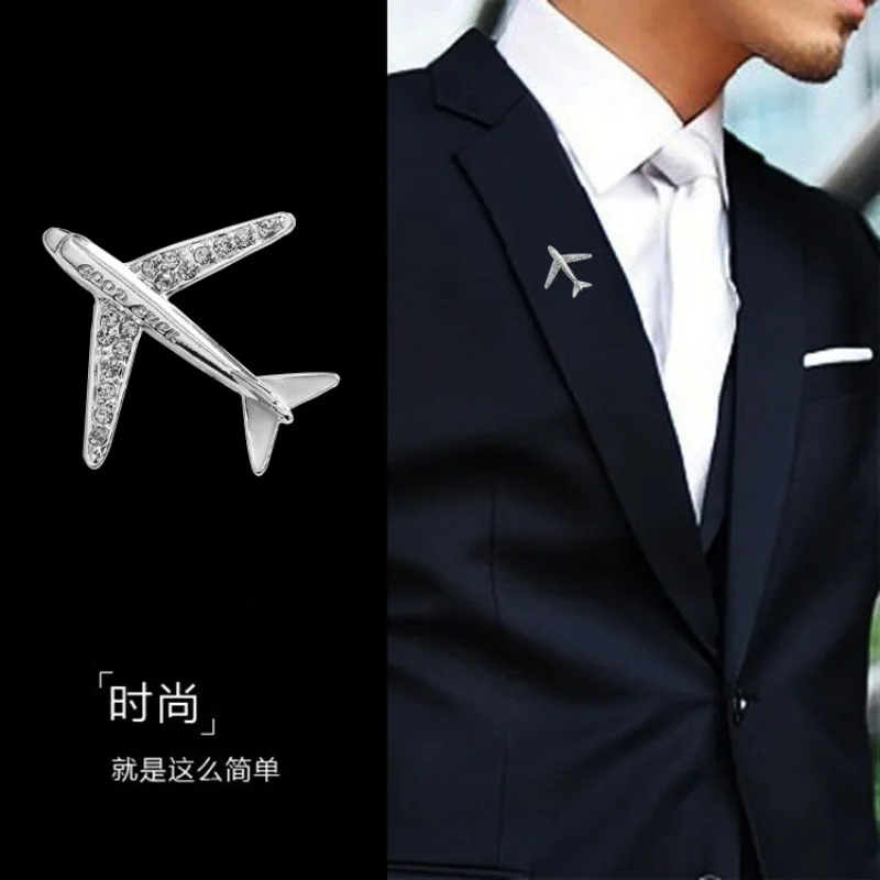 High-end Fashion Airplane Brooch for Men Collar Pin Versatile Diamond-studded Corsage Charms Suit Jacket Accessories