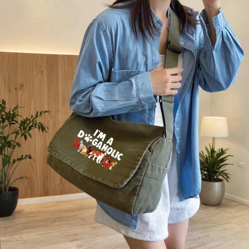 Casual Women's Shoulder Bag Dog Print Large Capacity Messenger Bag Canvas Crossbody Bag for Daily Use