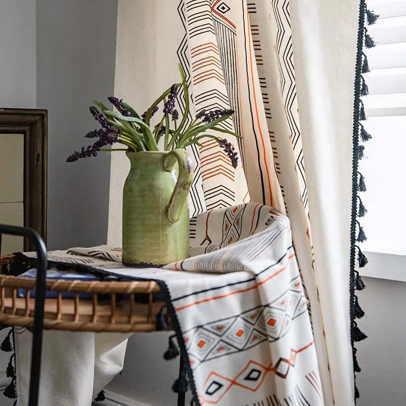 Boho Geometric Patterns Curtains Semi-Blackout Window Curtains for Living Room, Linen Tassels Farmhouse Curtains for Bedroom 6