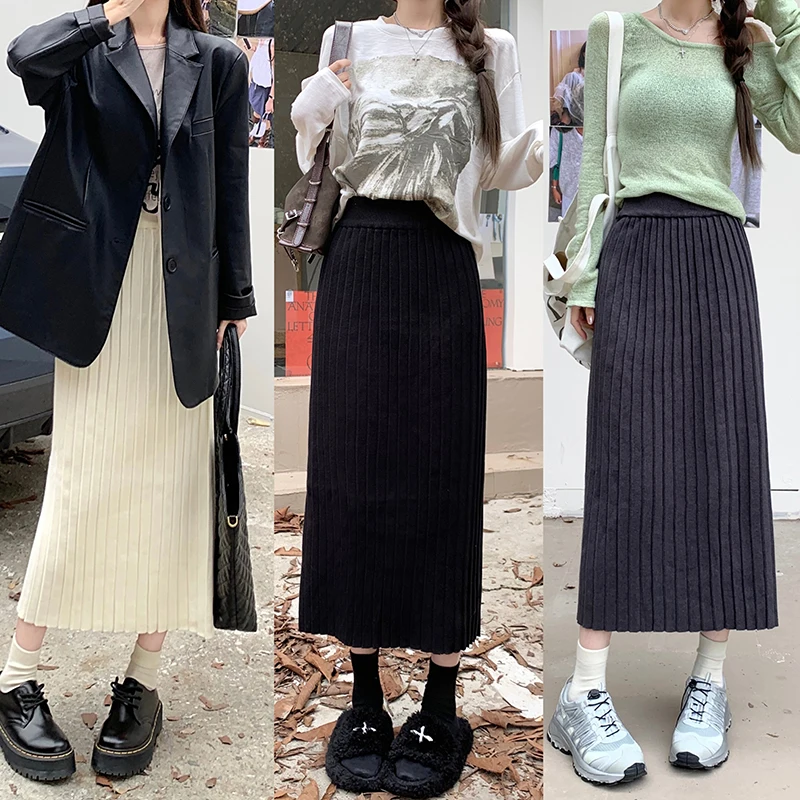 

3Colors Knitted Ankle-length pencil Skirts Women Autumn Korean Style High Elastic Waist A-line Solid Casual Daily Female(L7155
