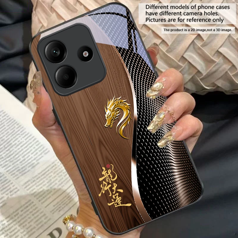 Elegant Black Tempered Glass Phone Case with Traditional Dragon Totem Design