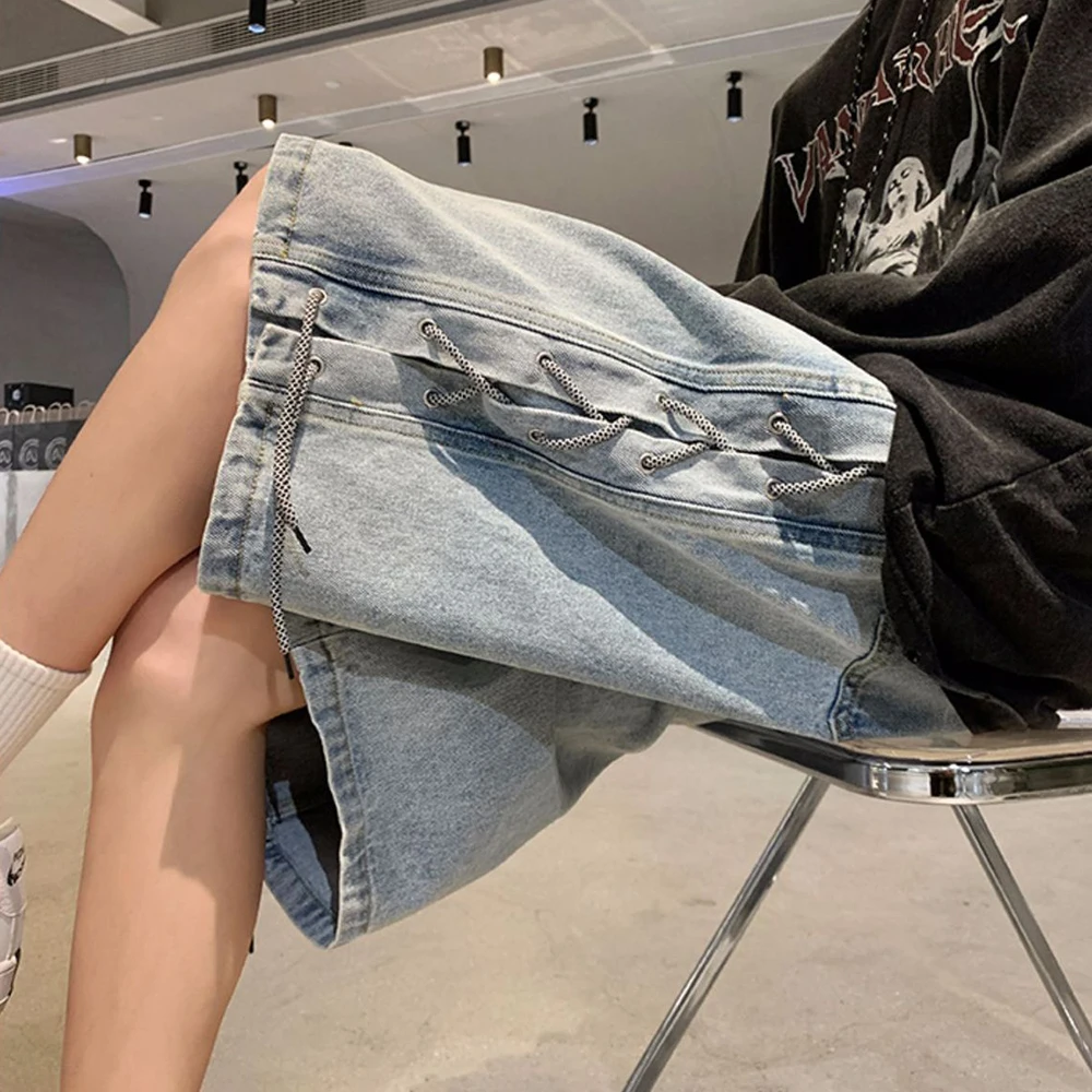 Summer New Webbing Denim Shorts Men's Niche Loose Trendy Brand Retro Jeans Thin Casual Five-Point Pants Y2K Streetwear Fashionab