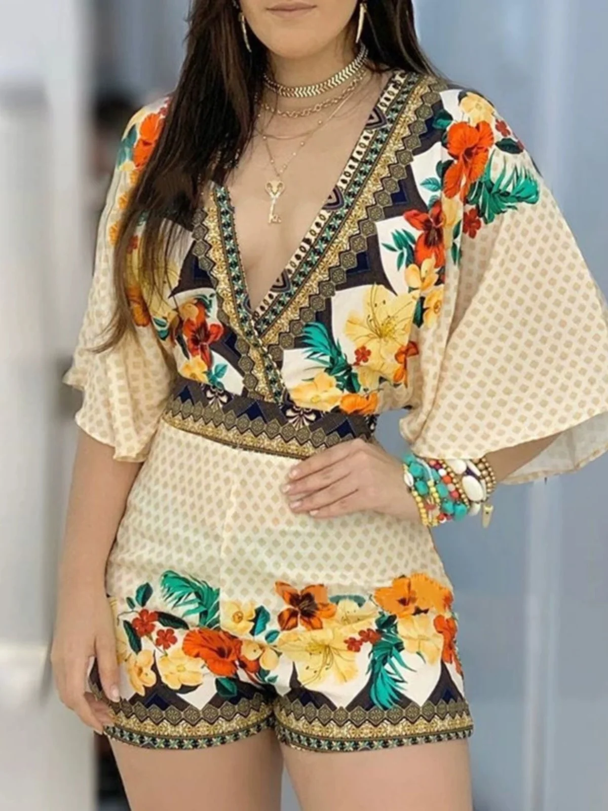 Printed High Waist Deep V Jumpsuit orts Casual Street Sle Women's High Waist Printed Jumpsuit orts Faionable Summer Wear