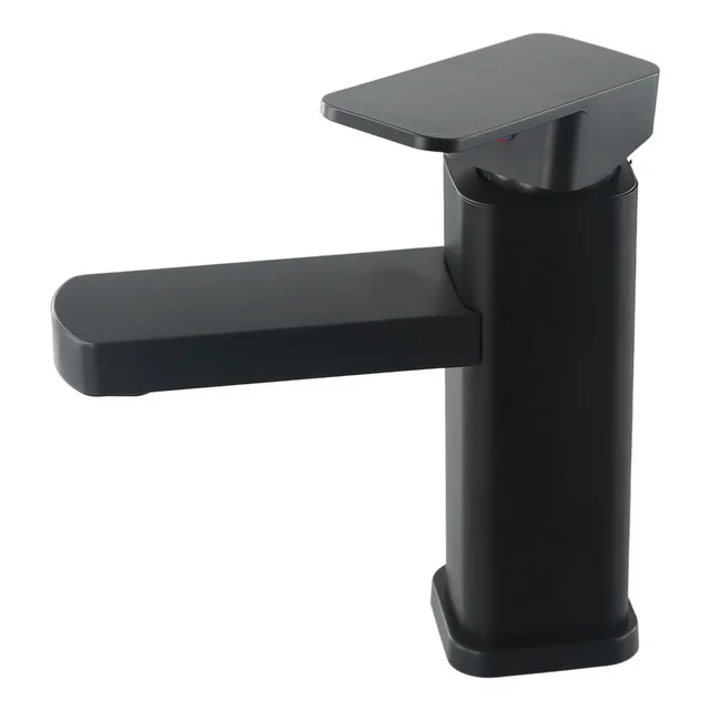 1 X Water Tap Plastic Steel Bathroom Counter Basin Square Base Faucet Black Hot And Cold Water Mixer Black 5