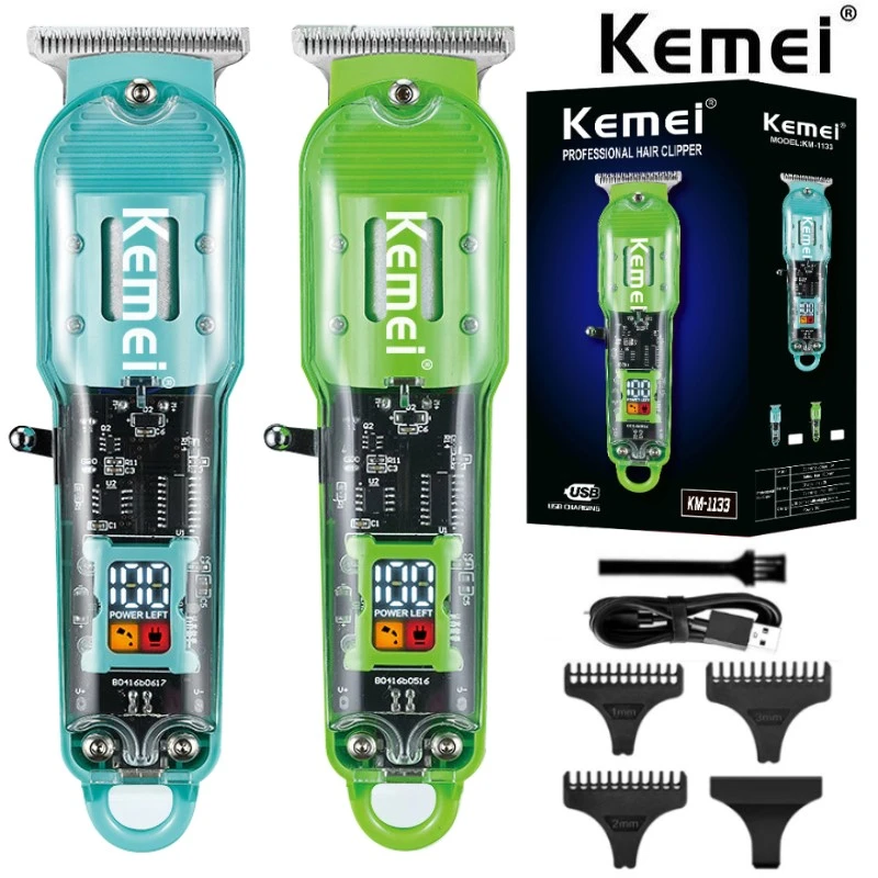 Kemei KM-1133 – tondeuse à cheveux professionnelle sans fil, Rechargeable, pour salon de coiffure, avec couvercle Transparent